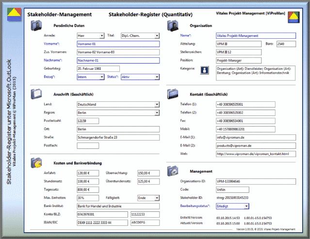 Stakeholder-Register: Beispielhaftes Erscheinungsbild unter Microsoft.OutLook [ViProMan, 10.2015]