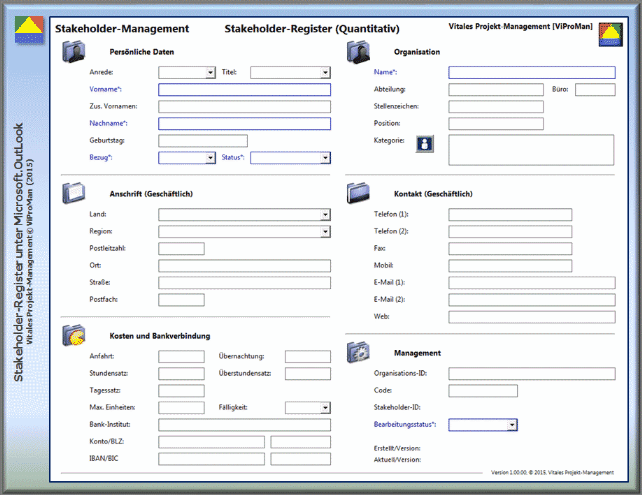Methode "Stakeholder-Analyse": Beispielhaftes Erscheinungsbild einer Vorlage zur Dokumentation eines Stakeholders im Stakeholder-Register unter Microsoft.OutLook [ViProMan, 10.2015]