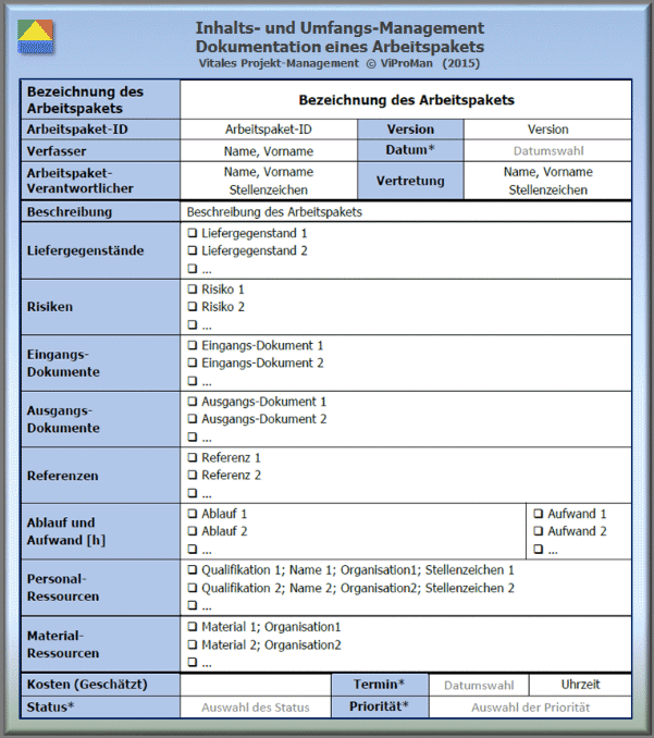 Projekt-Strukturplan: Dokumentation ermittelter Arbeitspakete in Anlehnung an PMBOK-Guide (5th) des PMI [1], Vorlage [ViProMan, 05.2015]