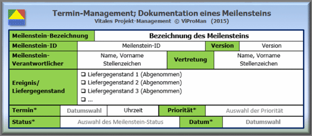 Meilenstein-Liste: Dokumentation festgelegter Meilensteine in Anlehnung an PMBOK-Guide (5th) des PMI [1], Vorlage [ViProMan, 05.2015]