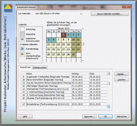 Methode "Projekt-Kalender entwickeln": Projekt-Kalender "vpm.GER.Bayern.ViProMan" mit festgelegten Betriebsferien, beispielhaft für den Monat Januar 2015 [ViProMan, 02.2015]