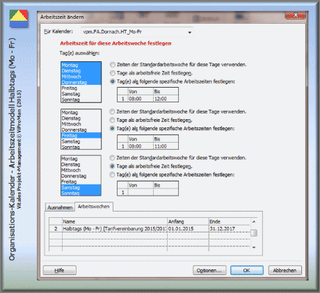 Methode "Ressourcen-Kalender entwickeln": Beispielhafter Organisations-Kalender "vpm.FA.Dornach.HT_Mo-Fr" der Firma A für den Standort Dornach mit Arbeitszeitmodell [ViProMan, 03.2015]