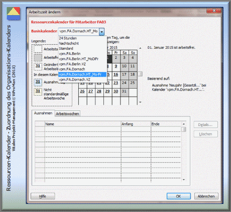 Methode "Ressourcen-Kalender entwickeln": Zuweisung eines Organisations-Kalenders zum Ressourcen-Kalender eines Mitarbeiters [ViProMan, 03.2015]