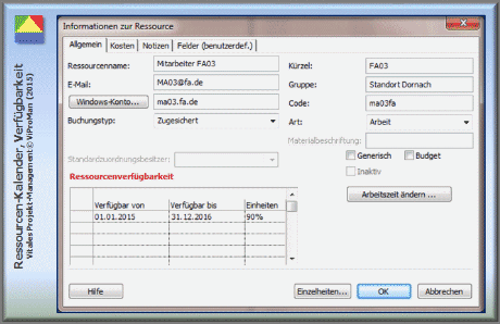 Methode "Ressourcen-Kalender entwickeln": Festlegung der Verfügbarkeit eines Mitarbeiters über die Projektdauer (Reine Projekt-Organisation) [ViProMan, 03.2015]